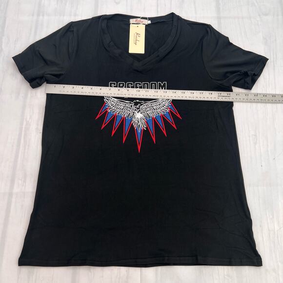 Roshop Women's Freedom Logo Short Sleeve V-neck Black T shirt size L - Picture 4 of 7